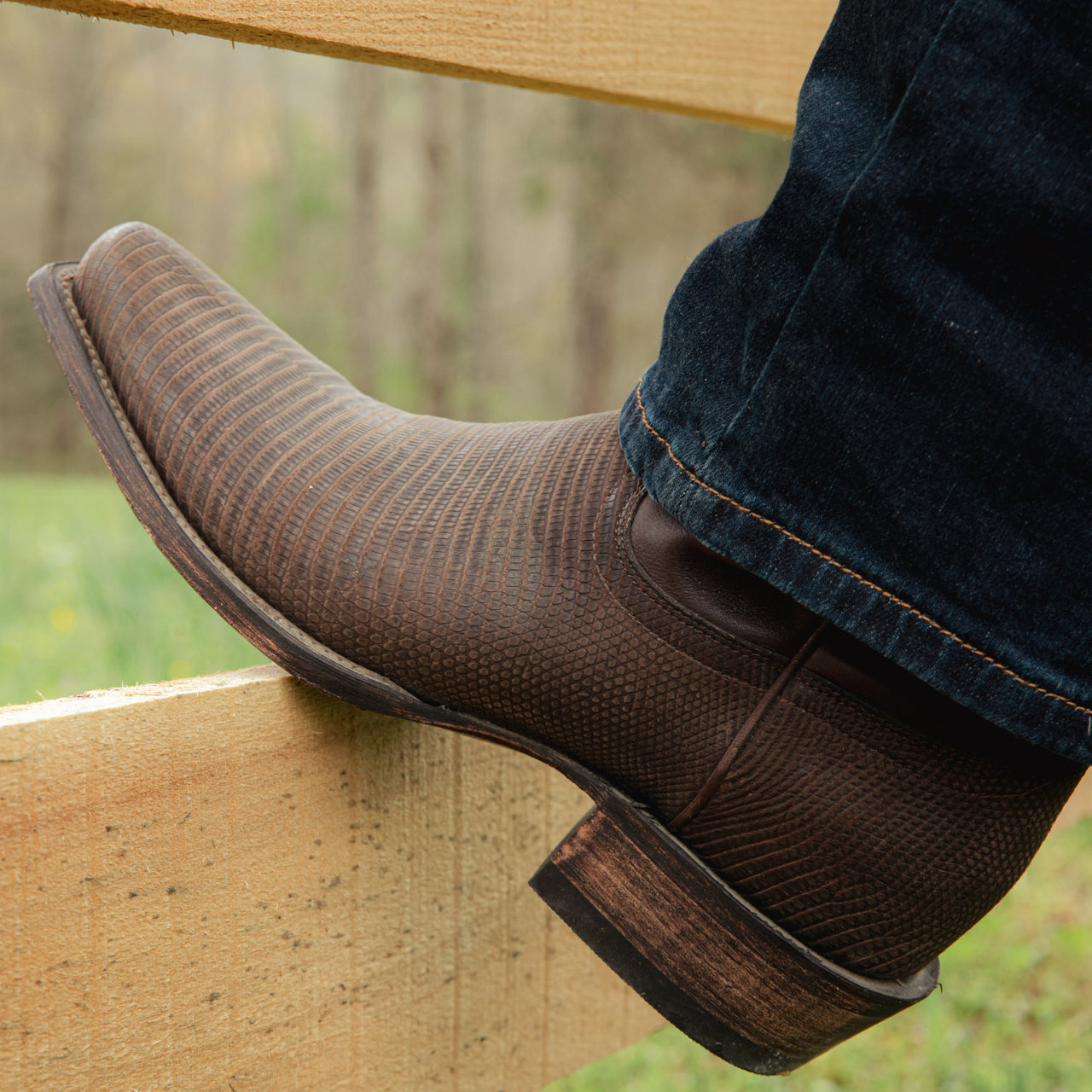 Brown Reptile Print Leather Beewin Slip On Western Cowboy Boots