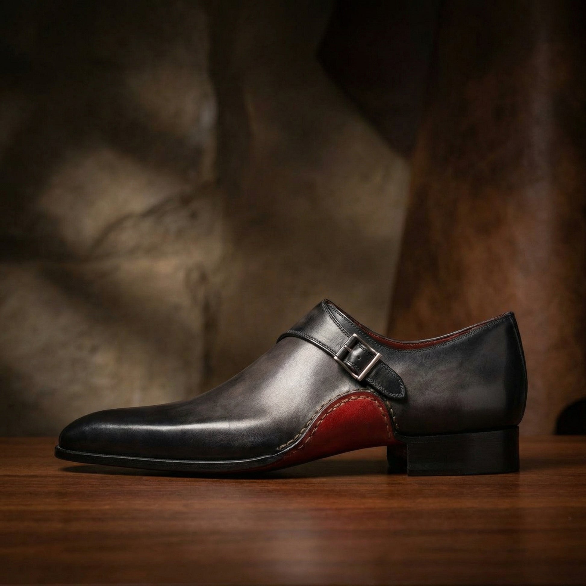 Height Increasing Black Leather Bathurst Monk Straps Shoes
