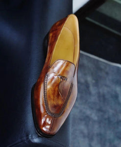 Tan Leather Malaga Slip On Mini Tassel Loafers