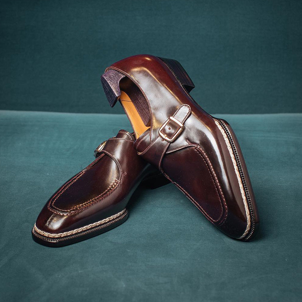 Brown Leather Toledo Buckle Single Monk Straps with Norwegian Welting 