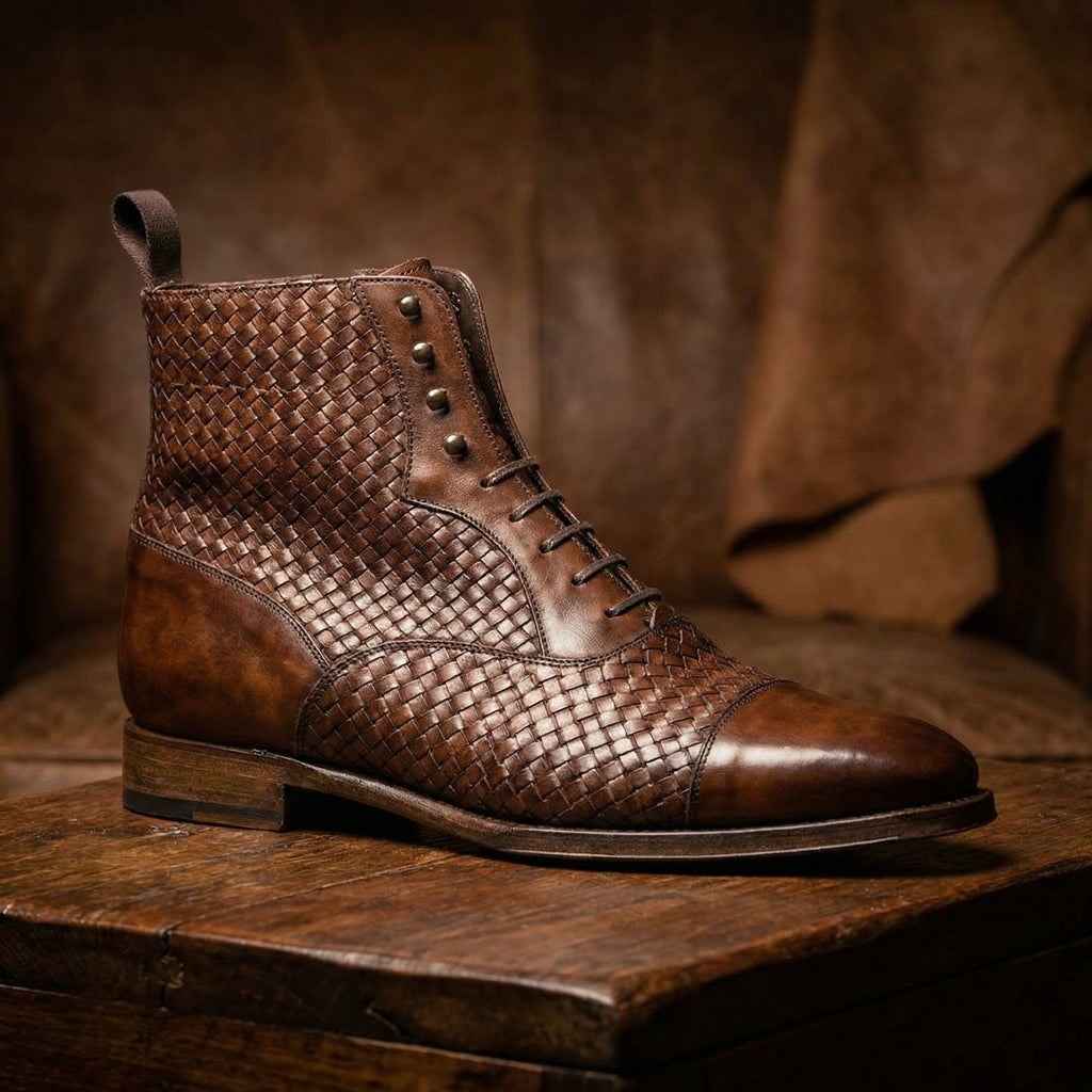 Brown Braided Leather Efford Lace Up Boots
