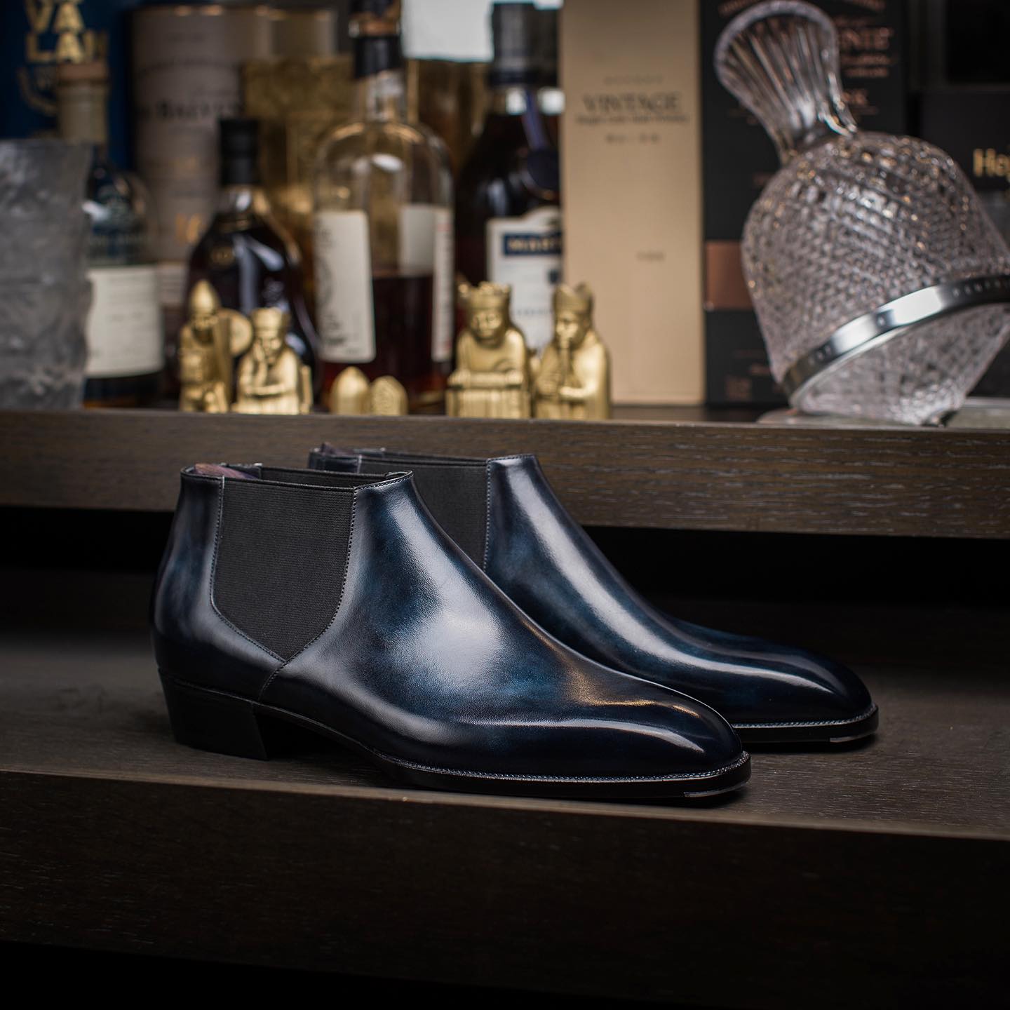 Navy Blue Leather Marsala Slip On Chelsea Half Boots