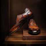 Tan Leather Huelva Brogue Wingtip Slip On Oxford Shoes 