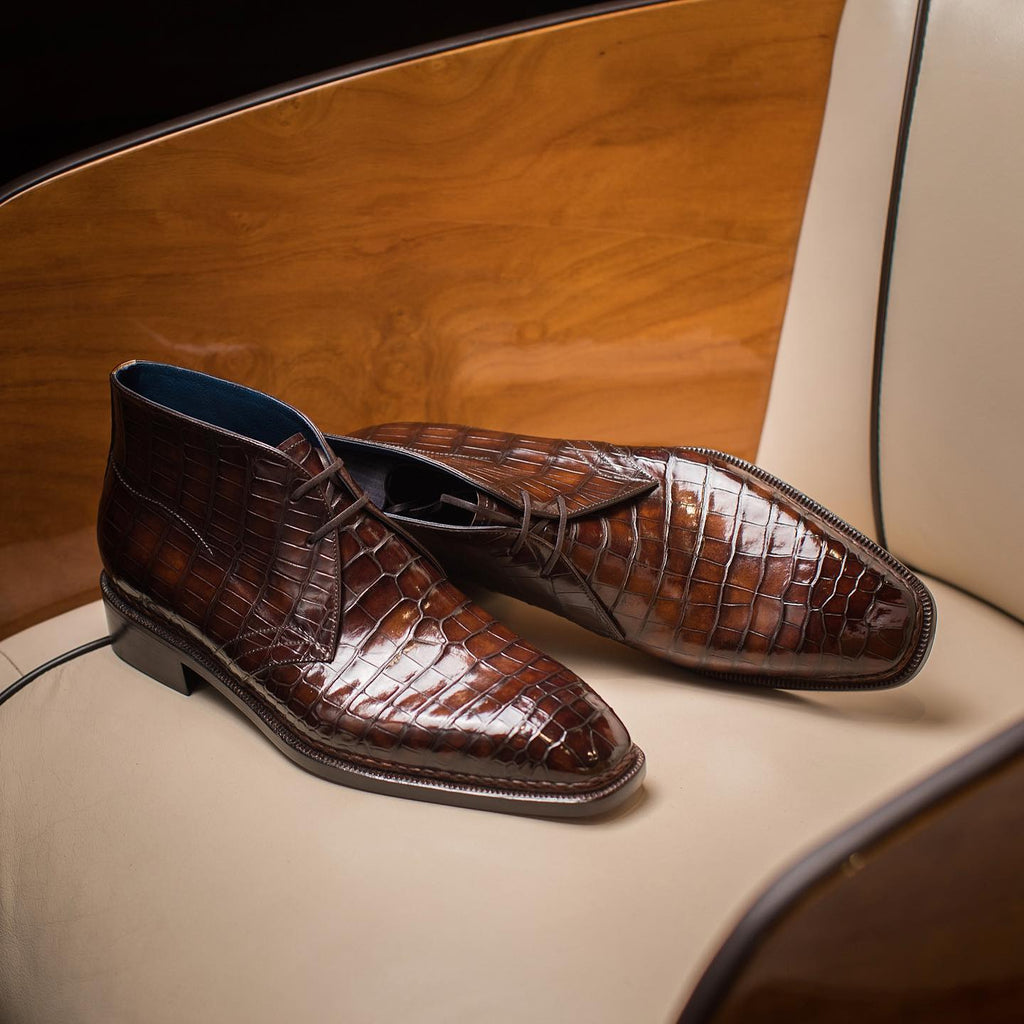Burgundy Brown Croc Print Leather Ostuni Chukka Boots 