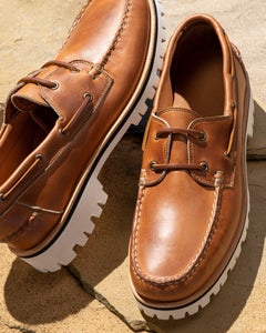 Tan Leather Hyperion Lace Up Chunky Boat Shoes with White Soles