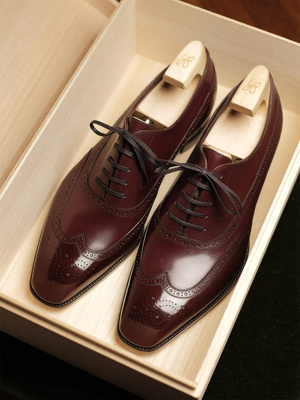 Burgundy Brown Leather Cedria Brogue Wingtip Oxfords 