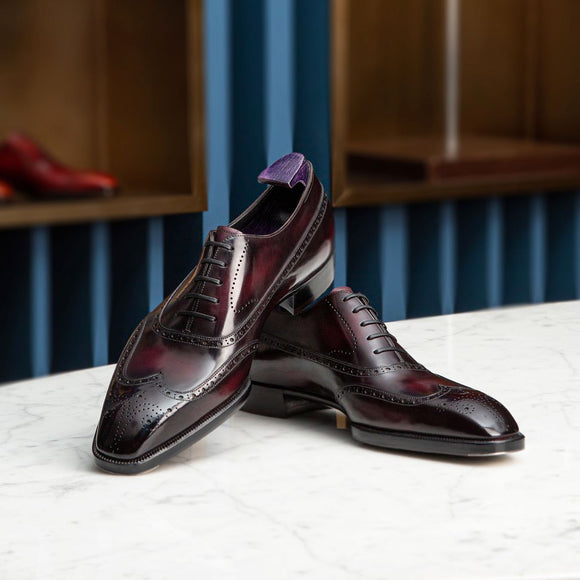 Burgundy Brown Leather Modena Brogue Wingtip Oxford Shoes