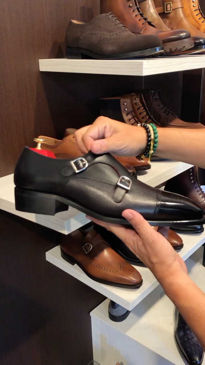 Black Leather Osiris Brogue Monk Strap Shoes - AW24