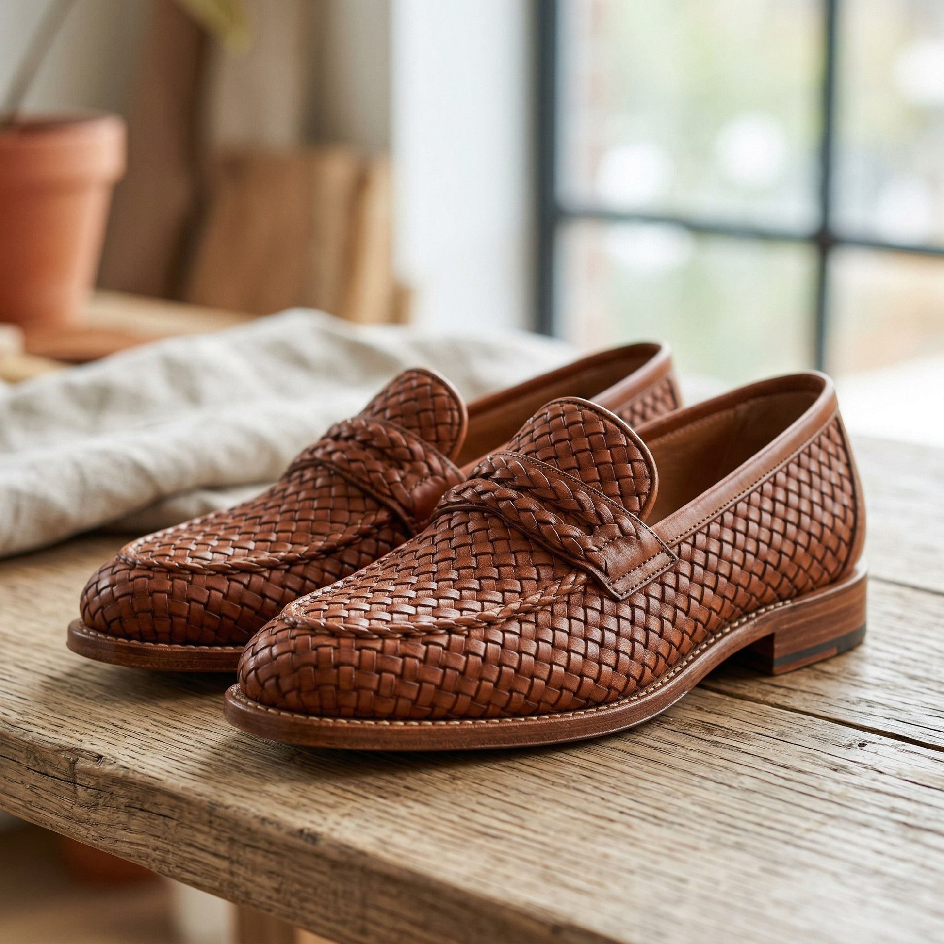 Luxury Edition - Artisian Made Brown Italian Leather Gallipoli Hand Woven Penny Loafers