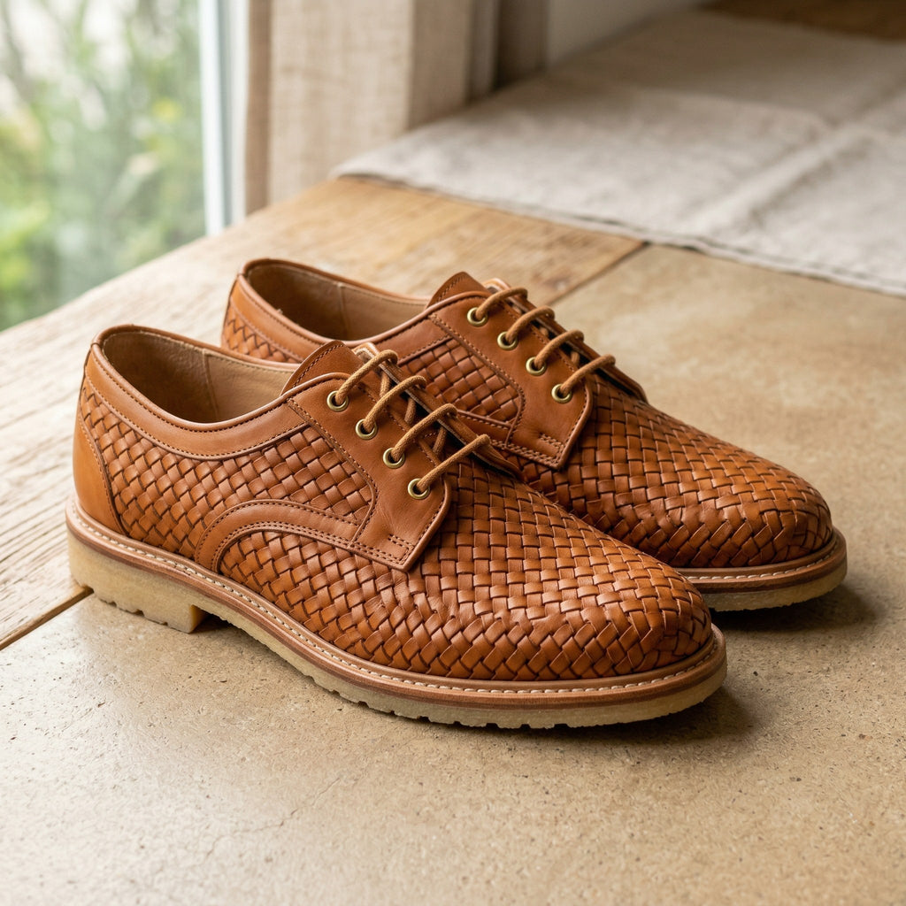 Luxury Edition - Artisian Made Tan Italian Leather Trani Hand Woven Derby Shoes