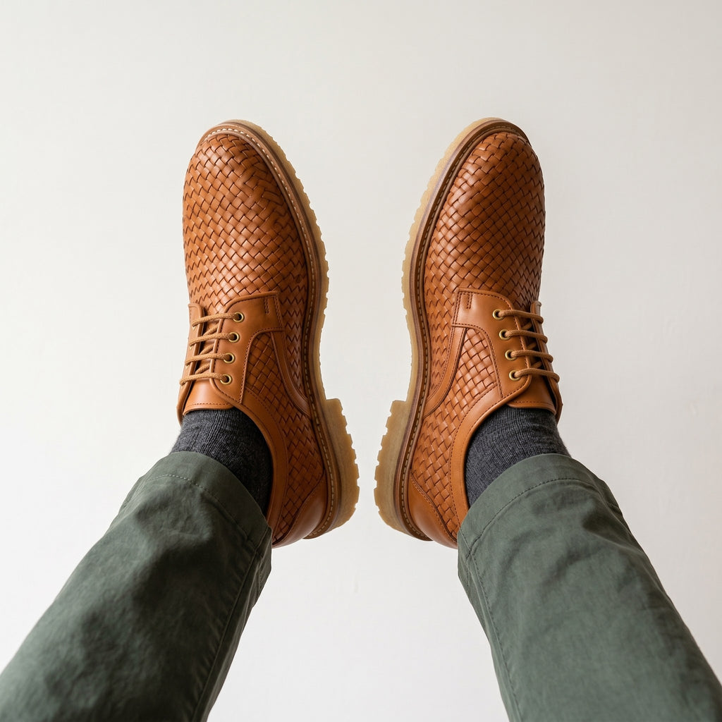 Luxury Edition - Artisian Made Tan Italian Leather Trani Hand Woven Derby Shoes