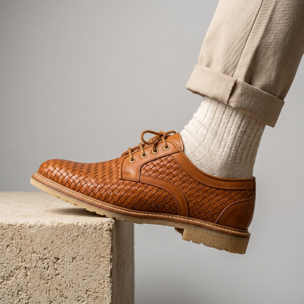 Luxury Edition - Artisian Made Tan Italian Leather Trani Hand Woven Derby Shoes