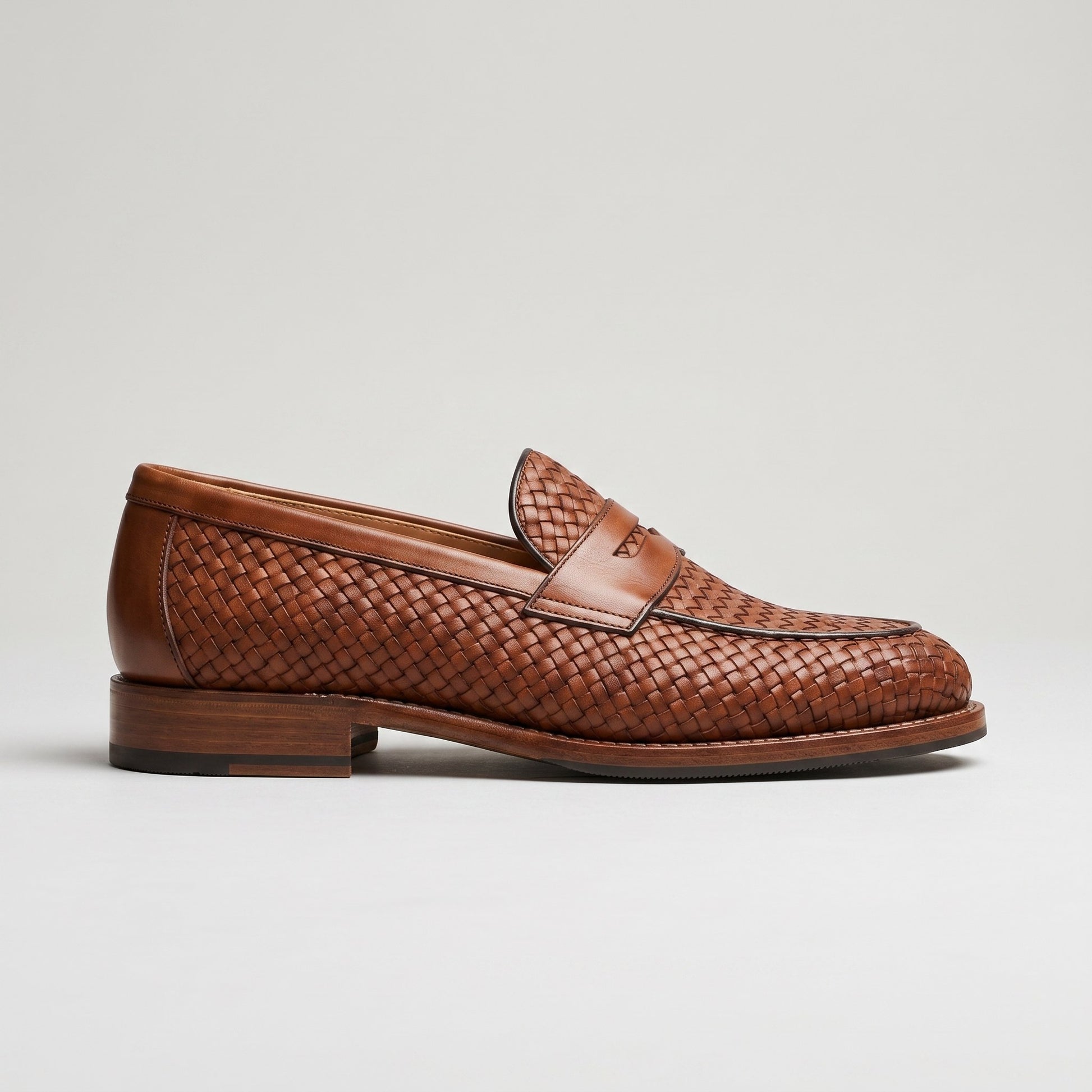 Luxury Edition - Artisian Made Tan Italian Leather Monopoli Hand Woven Penny Loafers