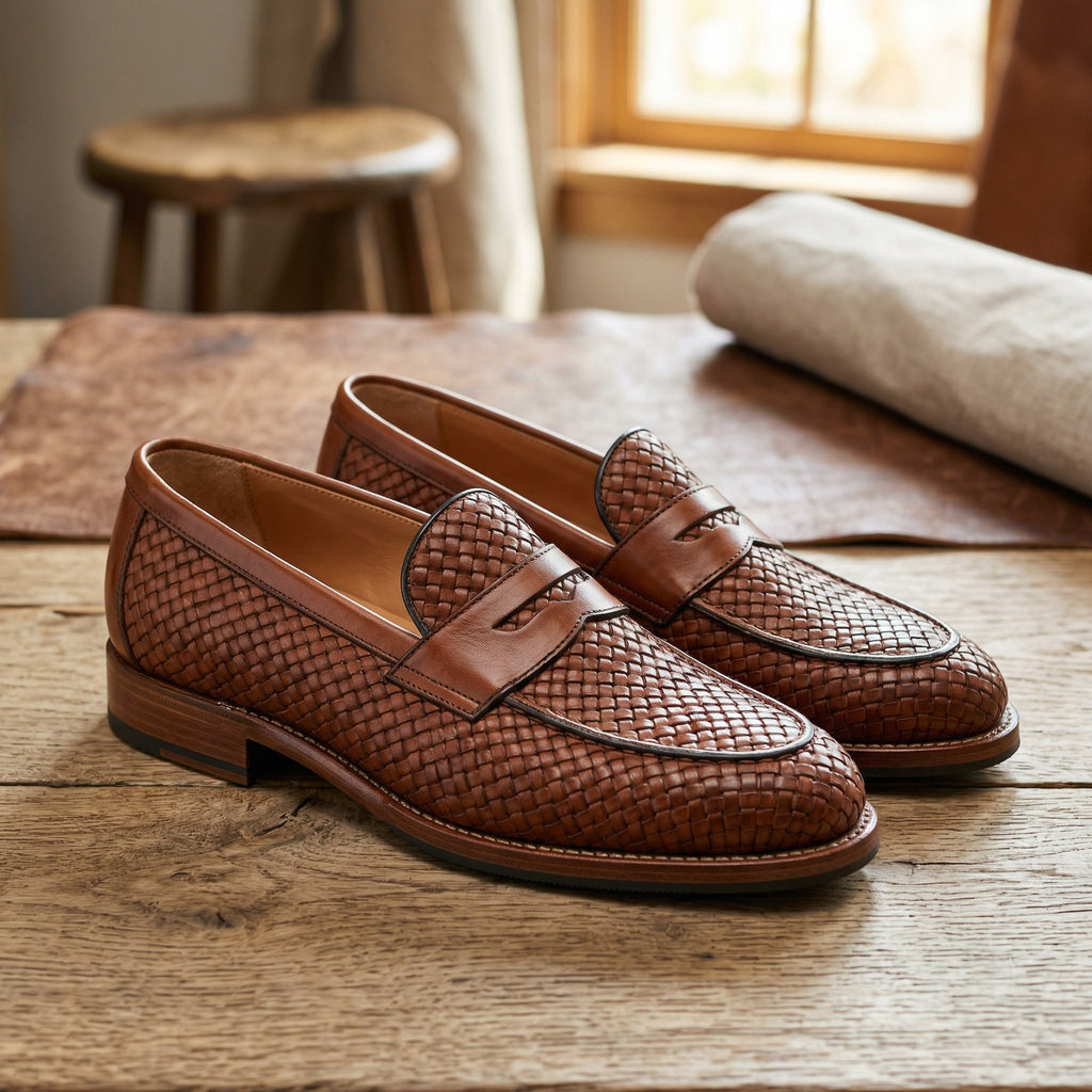 Luxury Edition - Artisian Made Tan Italian Leather Monopoli Hand Woven Penny Loafers