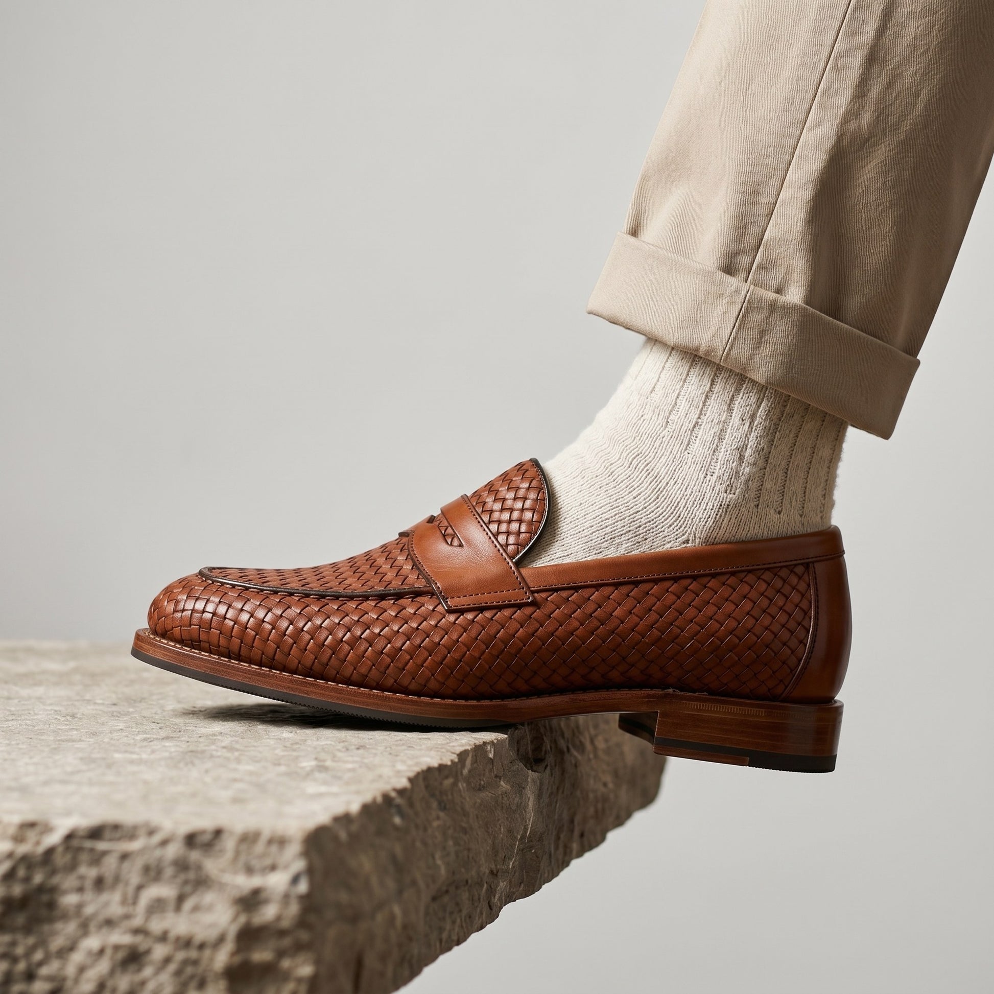 Luxury Edition - Artisian Made Tan Italian Leather Monopoli Hand Woven Penny Loafers