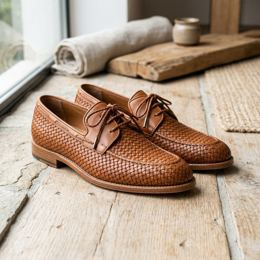 Luxury Edition - Artisian Made Tan Italian Leather Cervia Hand Woven Derby Shoes