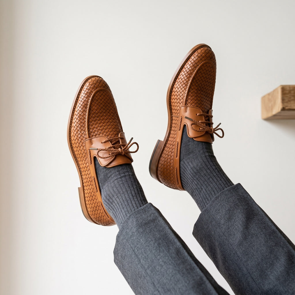 Luxury Edition - Artisian Made Tan Italian Leather Cervia Hand Woven Derby Shoes