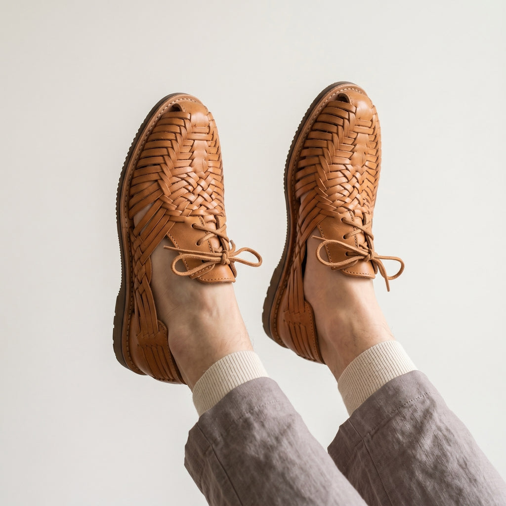 Luxury Edition - Artisian Made Tan Italian Leather Chioggia Hand Woven Huarache Lace Up Shoes