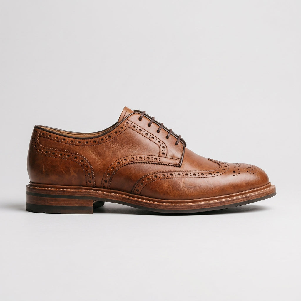 Luxury Edition - Artisian Made Tan Italian Leather Bergamo Wingtip Brogue Derby Shoes