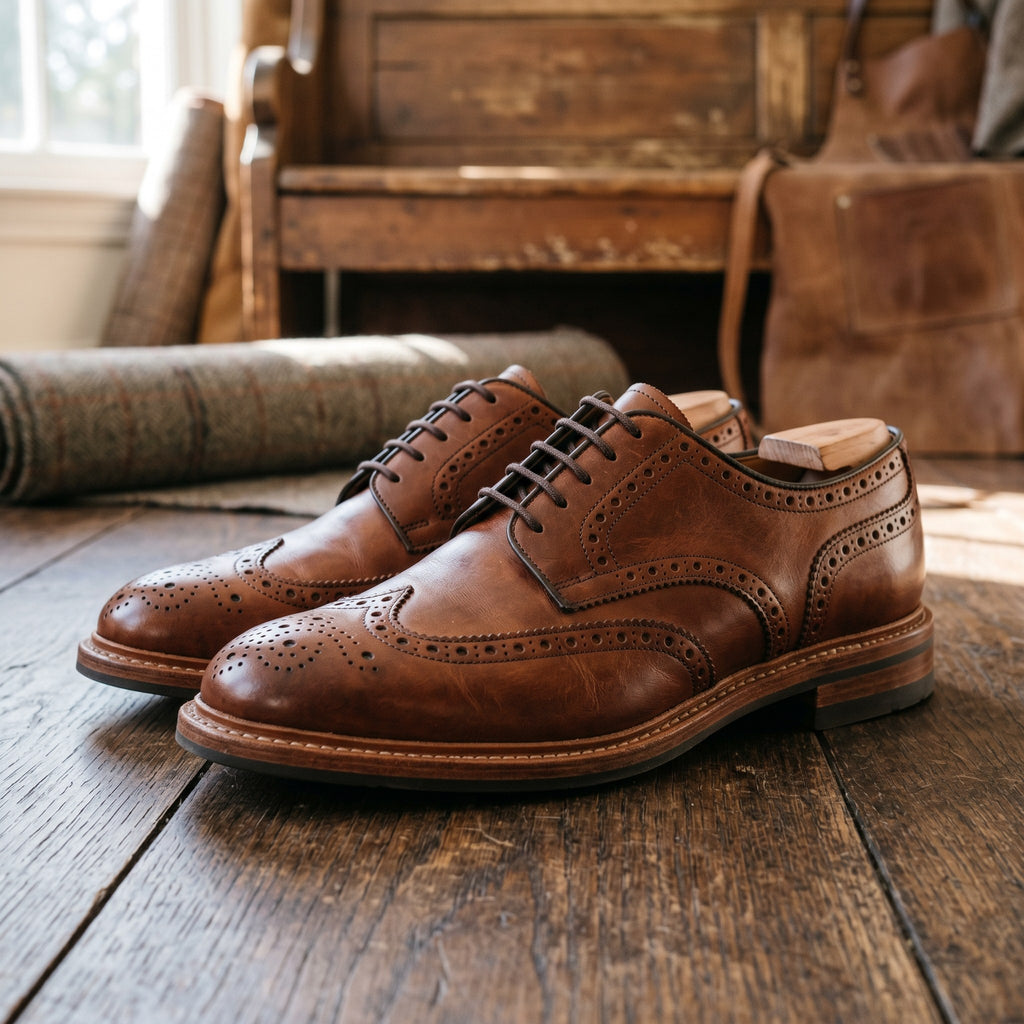 Luxury Edition - Artisian Made Tan Italian Leather Bergamo Wingtip Brogue Derby Shoes