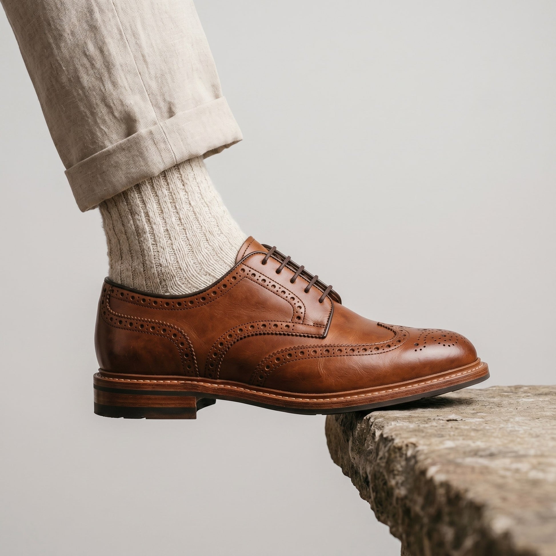 Luxury Edition - Artisian Made Tan Italian Leather Bergamo Wingtip Brogue Derby Shoes