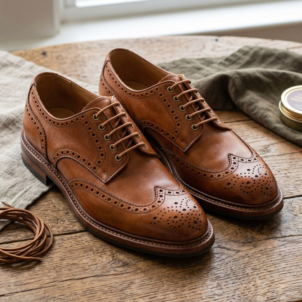 Luxury Edition - Artisian Made Tan Italian Leather Cremona Wingtip Brogue Derby Shoes