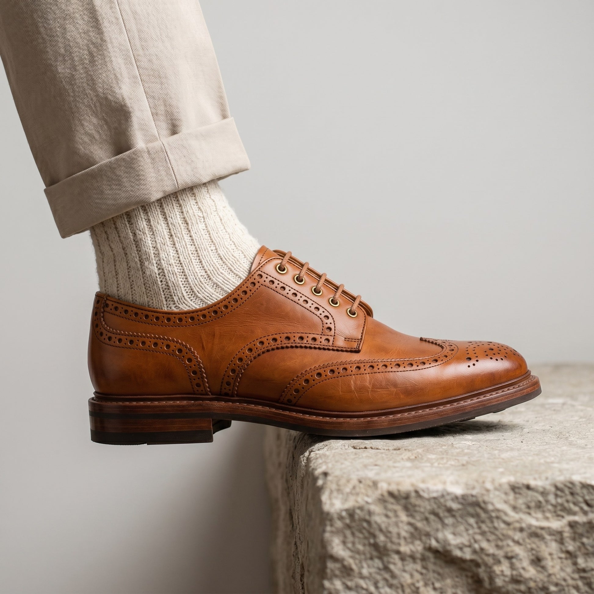 Luxury Edition - Artisian Made Tan Italian Leather Cremona Wingtip Brogue Derby Shoes