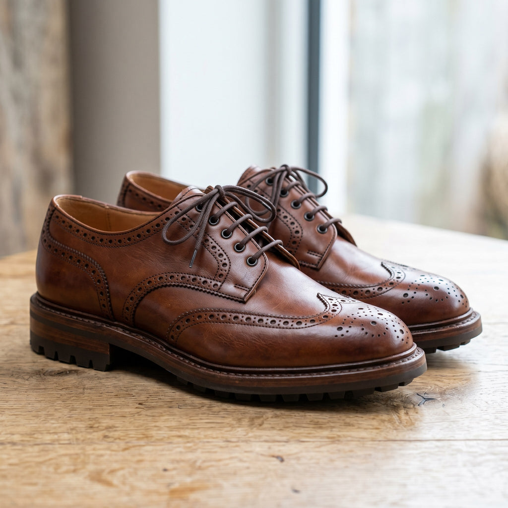 Luxury Edition - Artisian Made Brown Italian Leather Mantova Wingtip Brogue Derby Shoes with Commando Sole