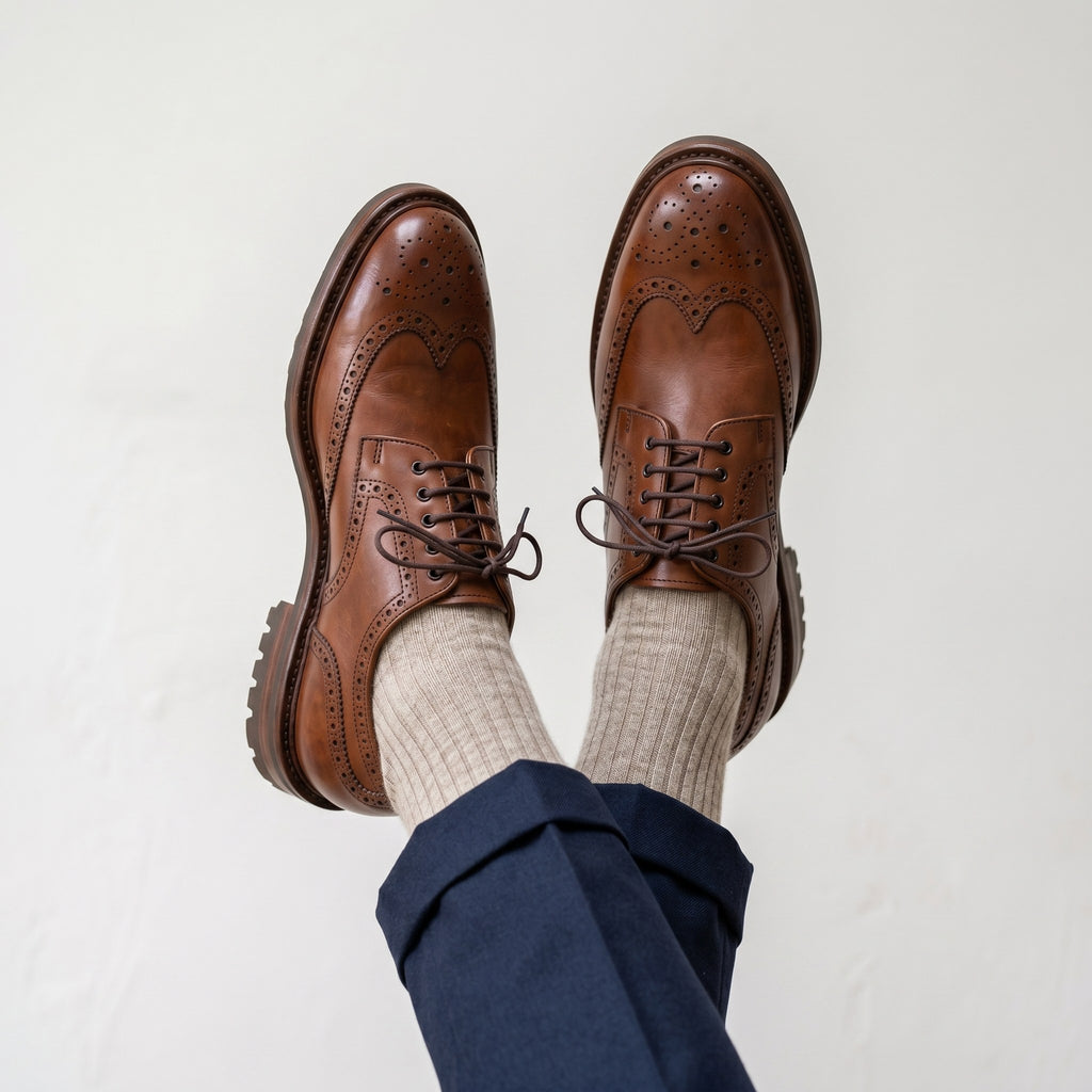 Luxury Edition - Artisian Made Brown Italian Leather Mantova Wingtip Brogue Derby Shoes with Commando Sole
