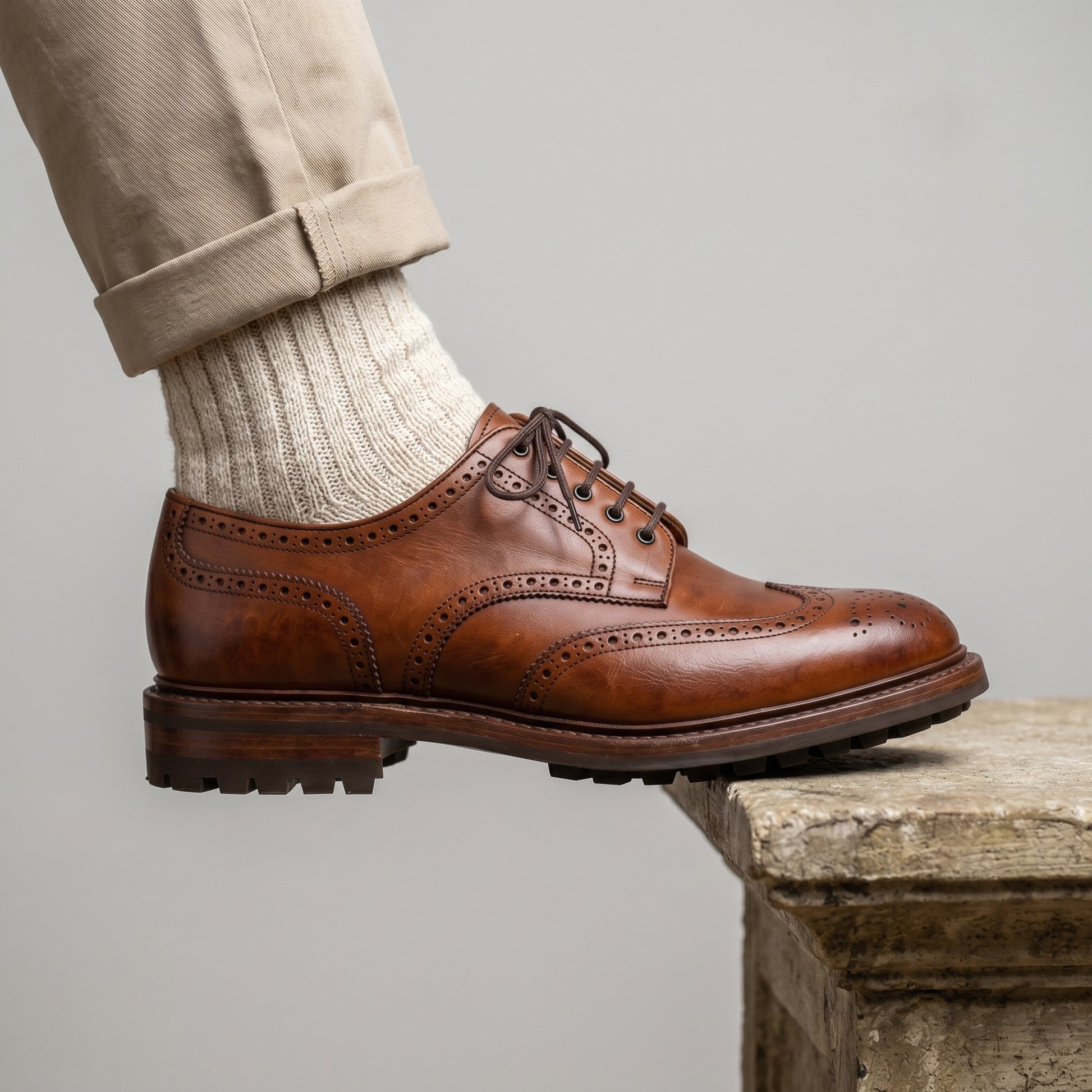Luxury Edition - Artisian Made Brown Italian Leather Mantova Wingtip Brogue Derby Shoes with Commando Sole