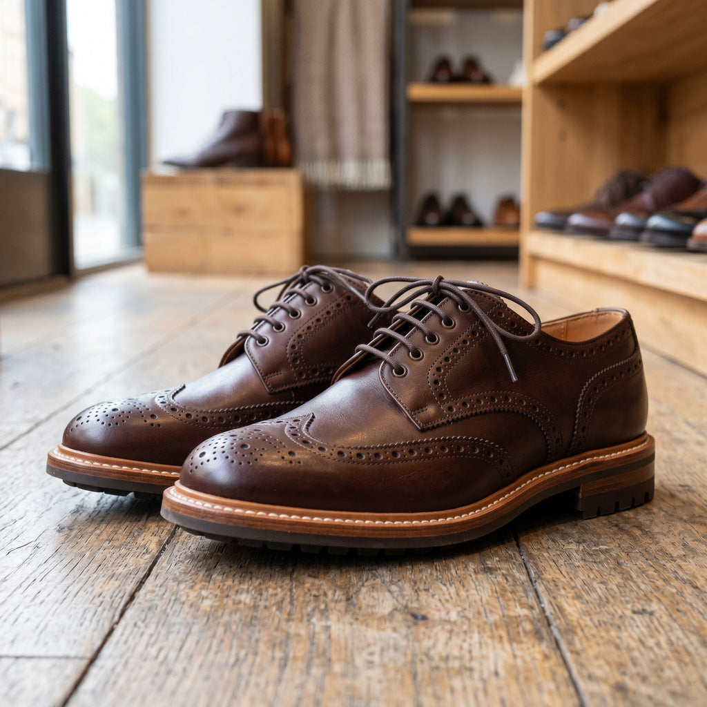 Luxury Edition - Artisian Made Brown Italian Leather Vicenza Wingtip Brogue Derby Shoes with Commando Sole