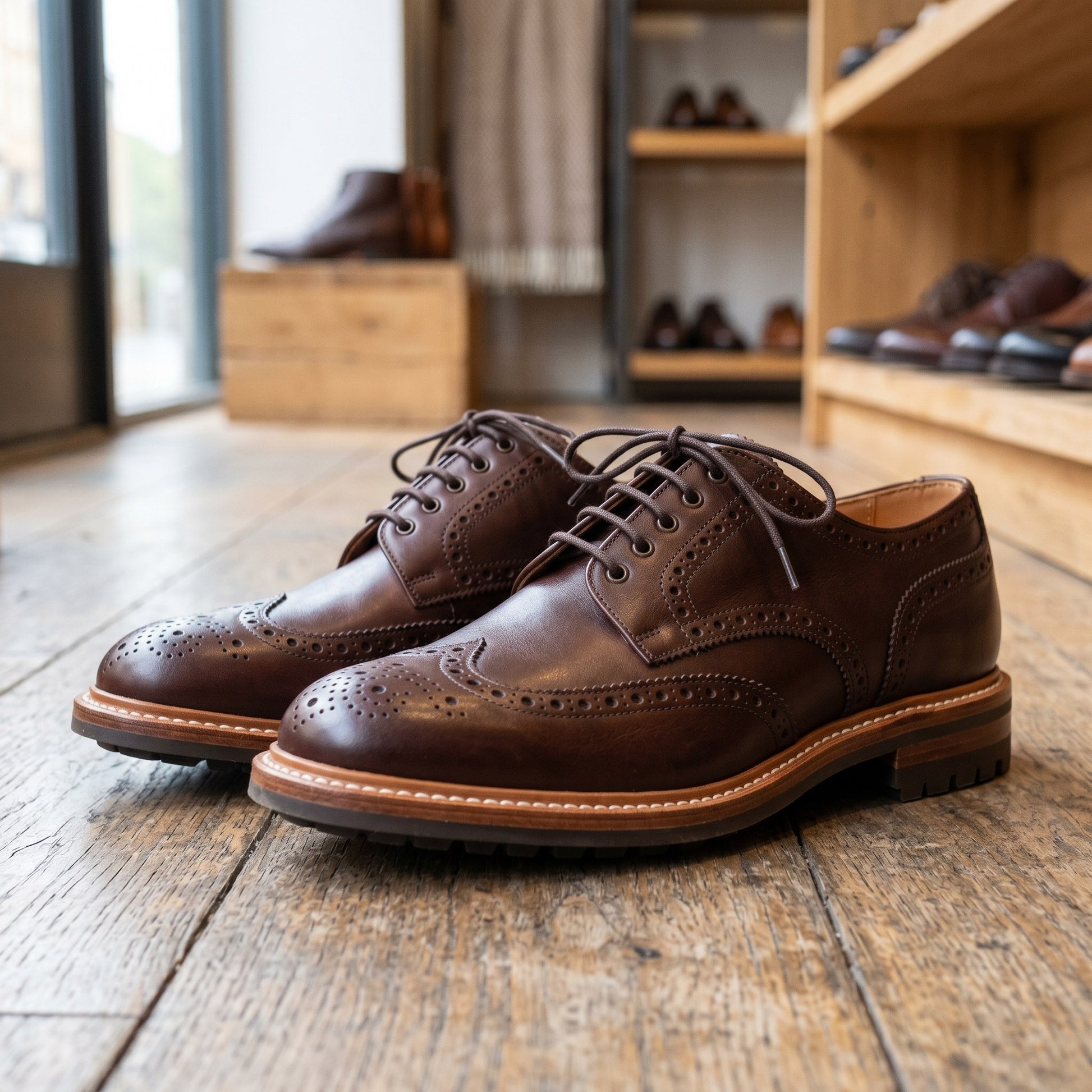Luxury Edition - Artisian Made Brown Italian Leather Vicenza Wingtip Brogue Derby Shoes with Commando Sole