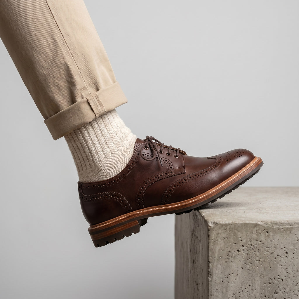 Luxury Edition - Artisian Made Brown Italian Leather Vicenza Wingtip Brogue Derby Shoes with Commando Sole