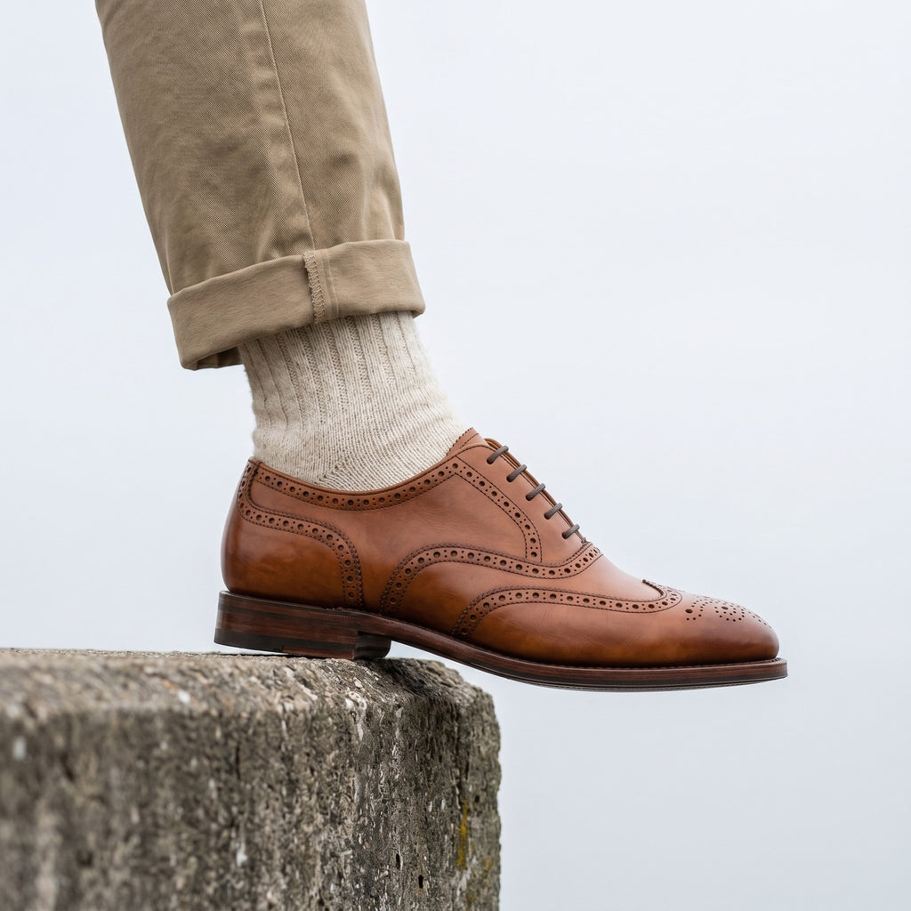 Luxury Edition - Artisian Made Tan Italian Leather Ancona Wingtip Brogue Oxford Shoes