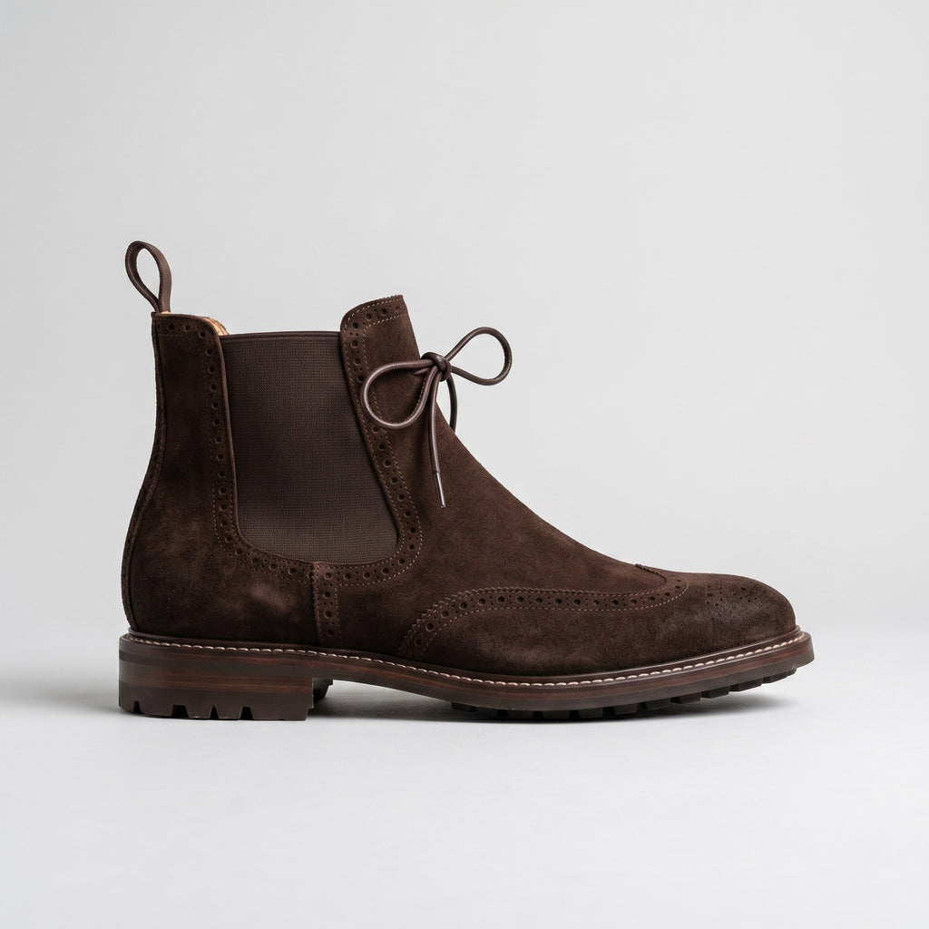 Luxury Edition - Artisian Made Brown Italian Suede Camogli Wingtip Brogue Chelsea Boots