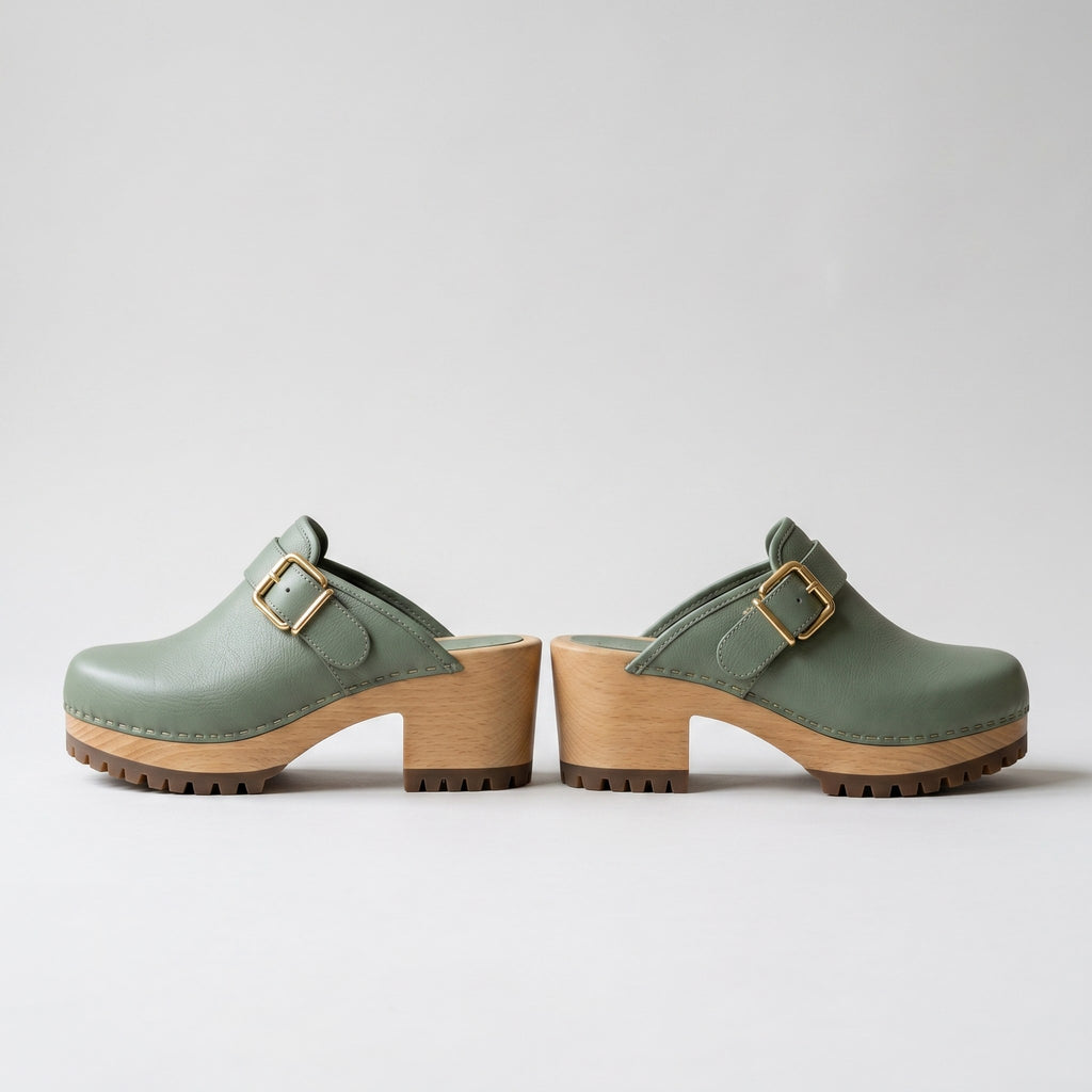 Luxury Edition - Artisian Made Green Italian Leather Crema Buckle Clogs