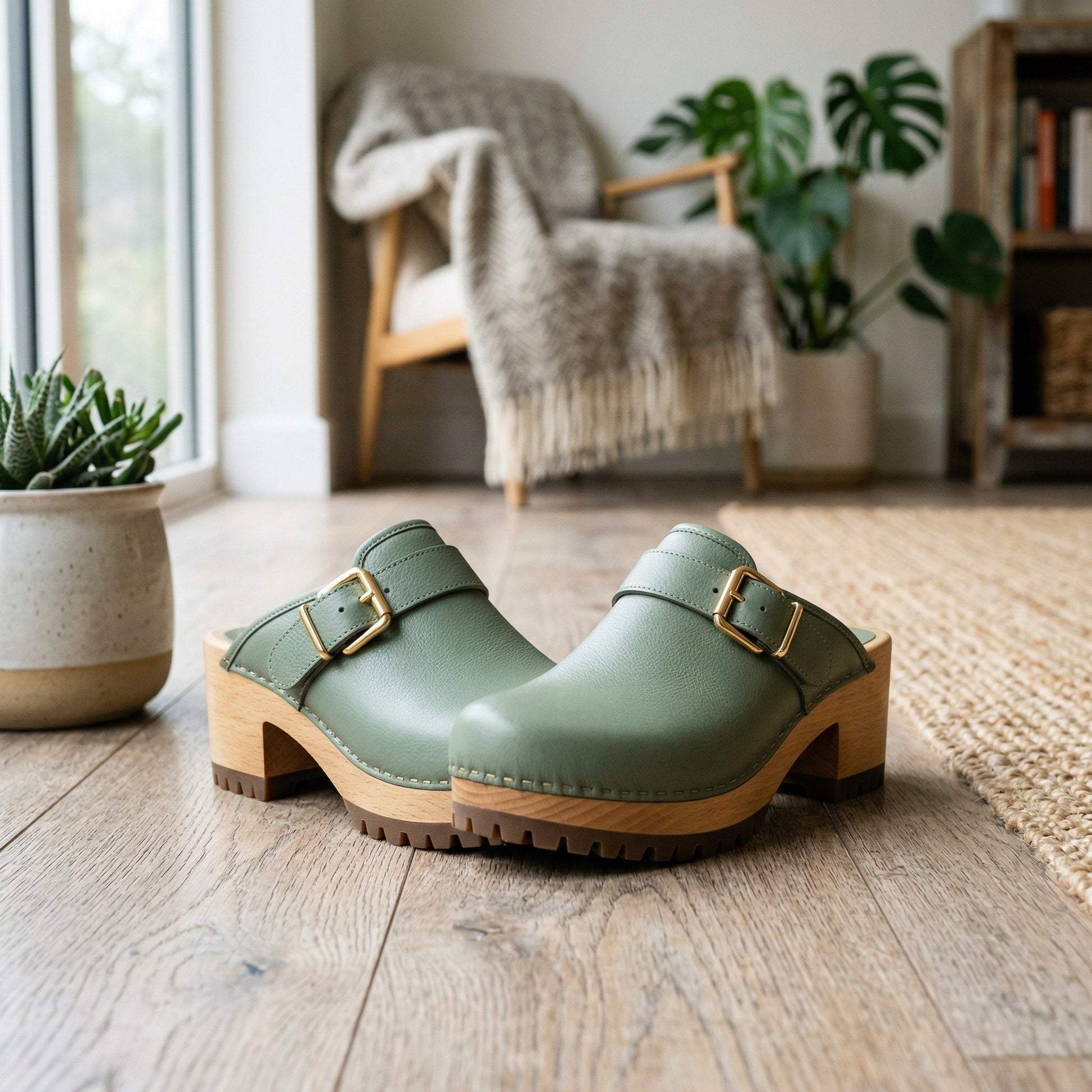Luxury Edition - Artisian Made Green Italian Leather Crema Buckle Clogs