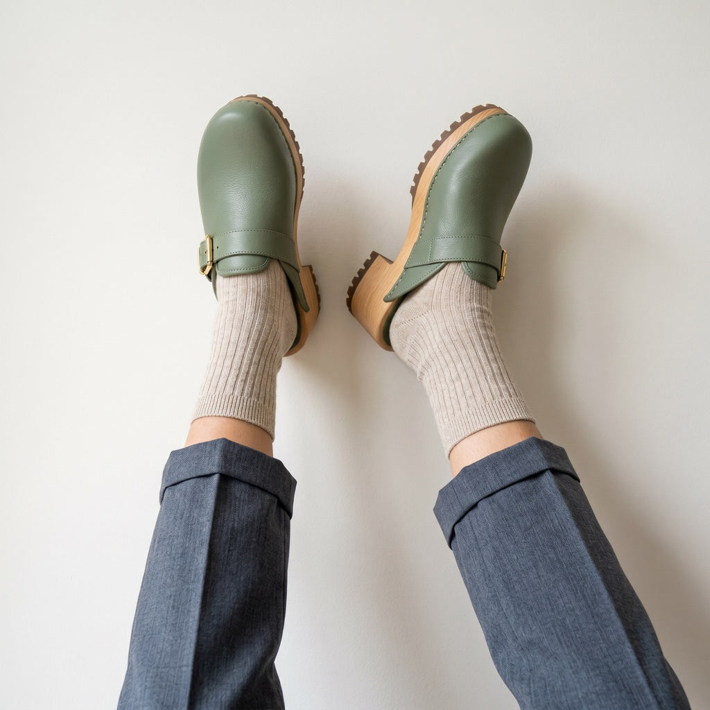 Luxury Edition - Artisian Made Green Italian Leather Crema Buckle Clogs