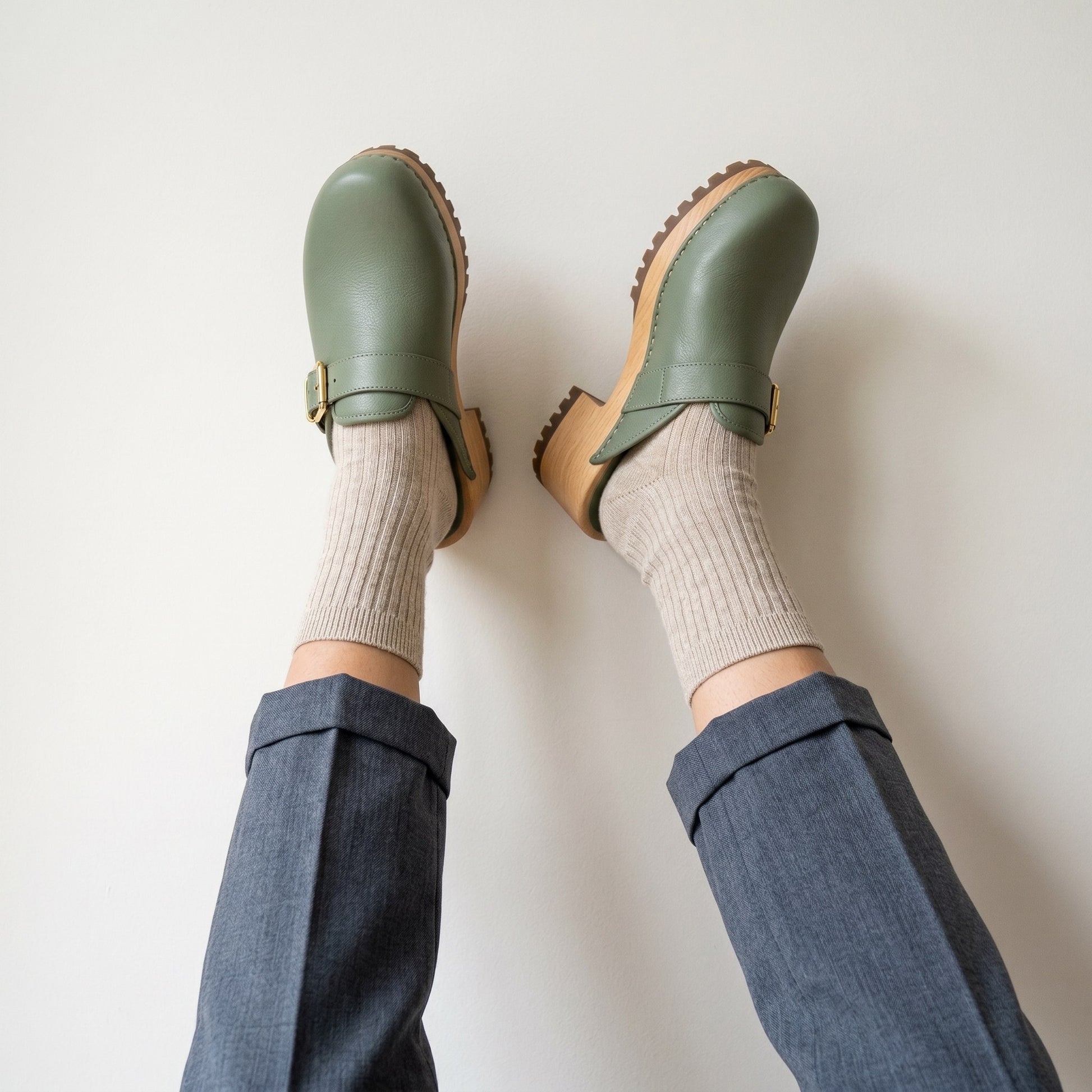Luxury Edition - Artisian Made Green Italian Leather Crema Buckle Clogs
