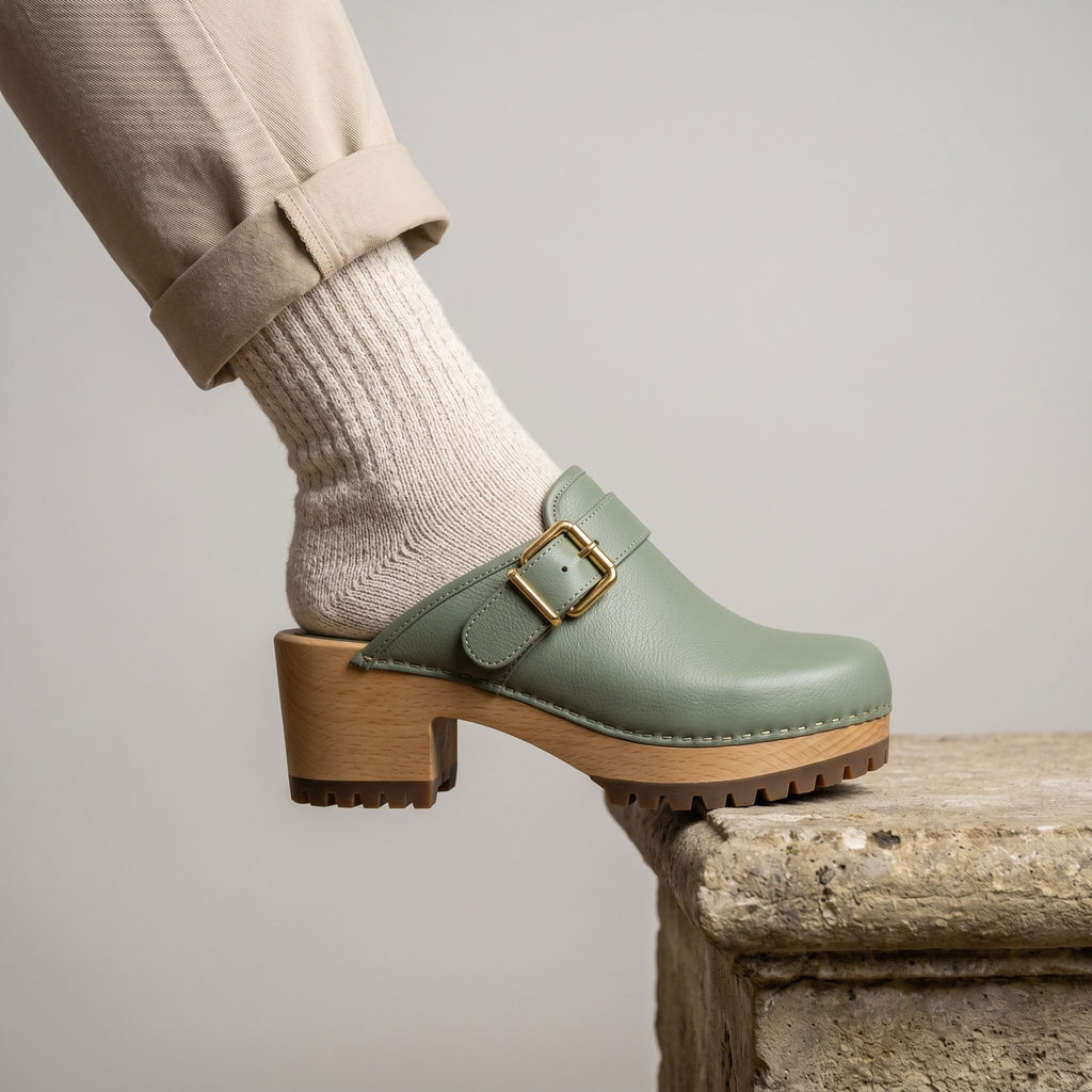 Luxury Edition - Artisian Made Green Italian Leather Crema Buckle Clogs