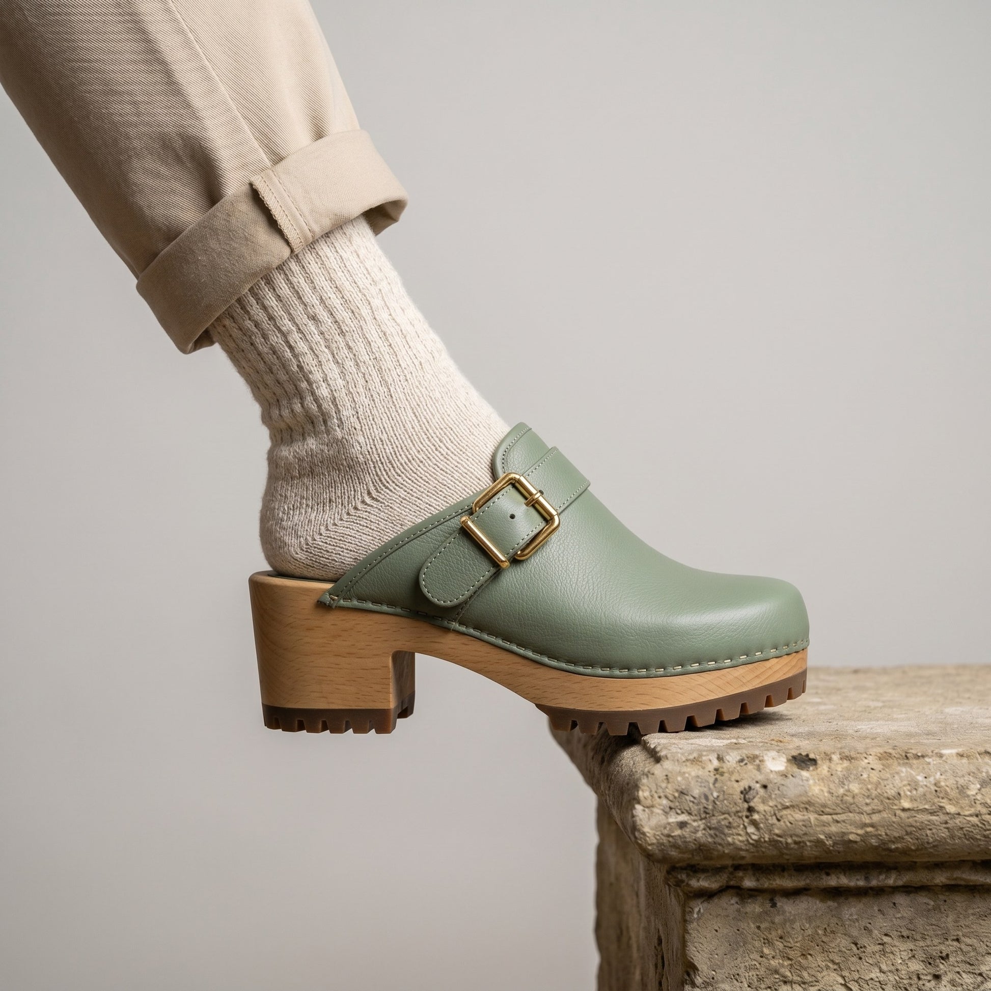 Luxury Edition - Artisian Made Green Italian Leather Crema Buckle Clogs