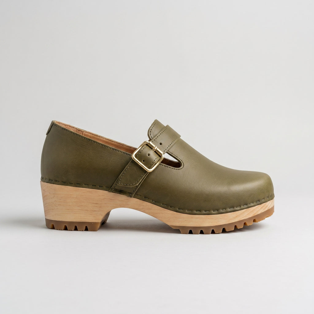 Luxury Edition - Artisian Made Green Italian Leather Desenzano Buckle Clogs