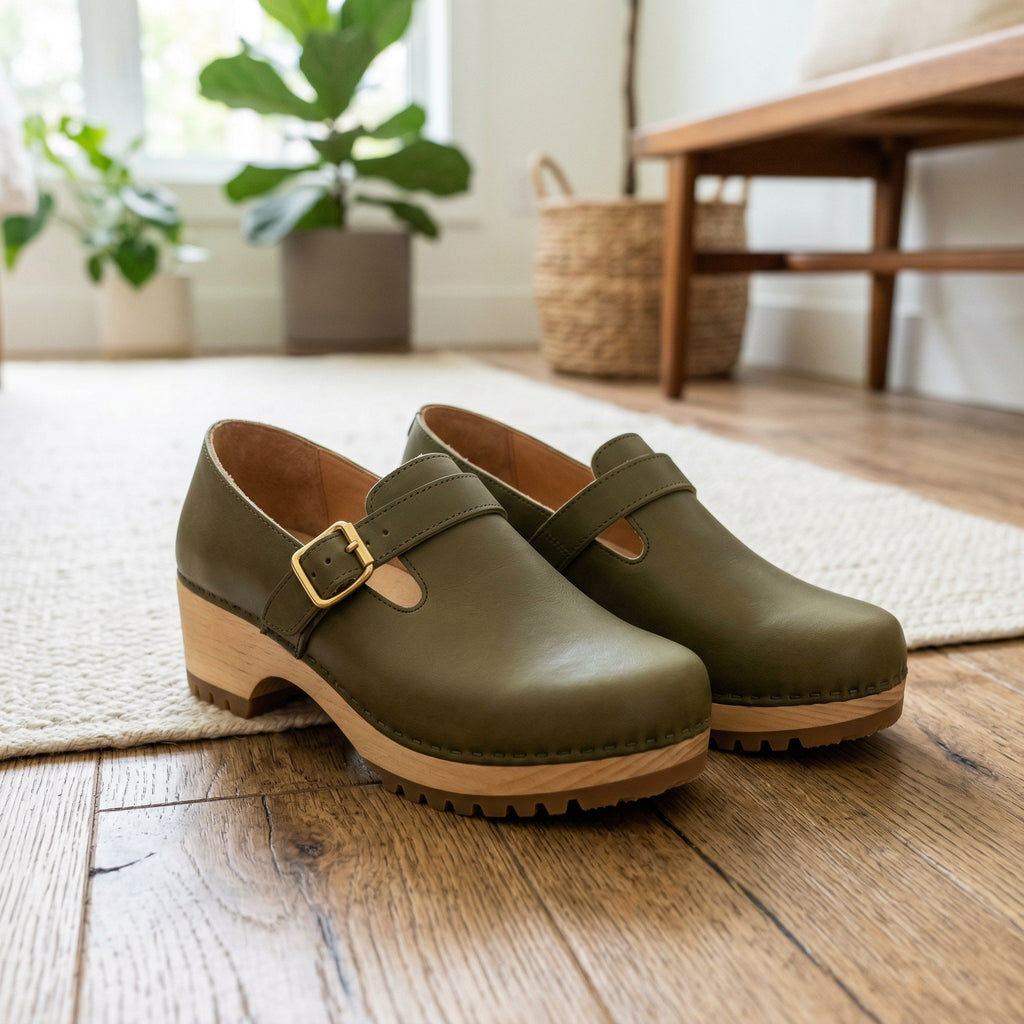Luxury Edition - Artisian Made Green Italian Leather Desenzano Buckle Clogs