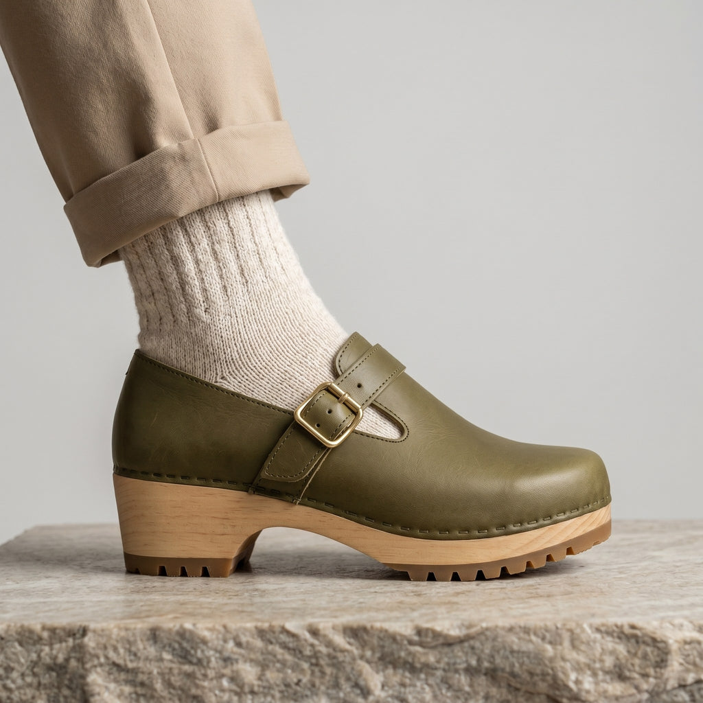 Luxury Edition - Artisian Made Green Italian Leather Desenzano Buckle Clogs