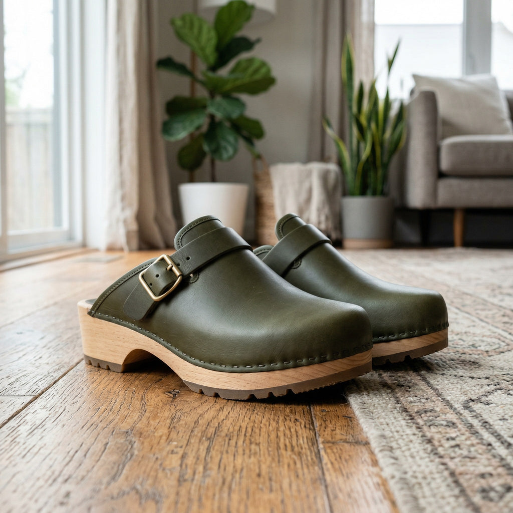 Luxury Edition - Artisian Made Green Italian Leather Fano Buckle Clogs