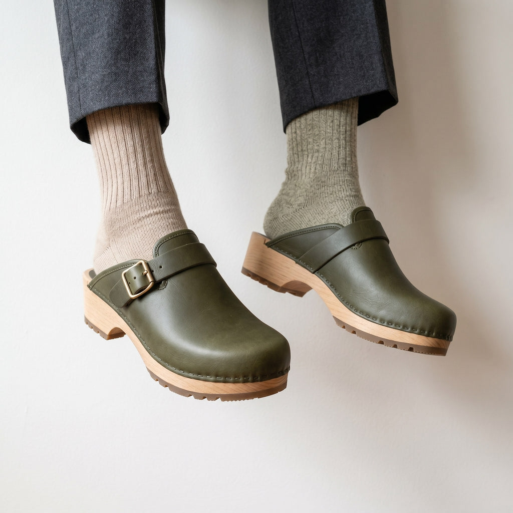 Luxury Edition - Artisian Made Green Italian Leather Fano Buckle Clogs