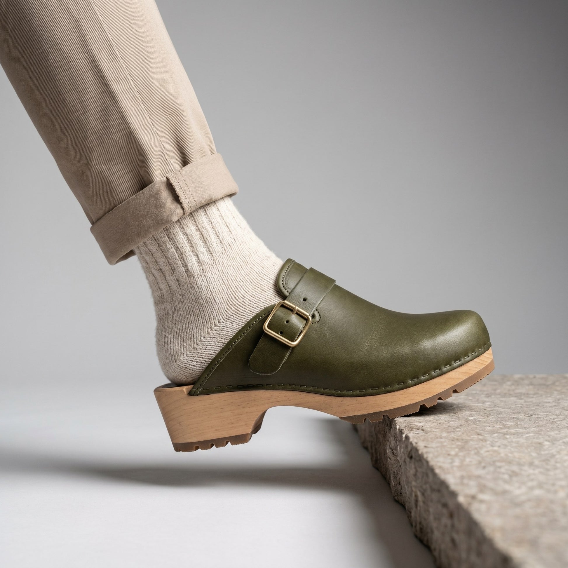 Luxury Edition - Artisian Made Green Italian Leather Fano Buckle Clogs