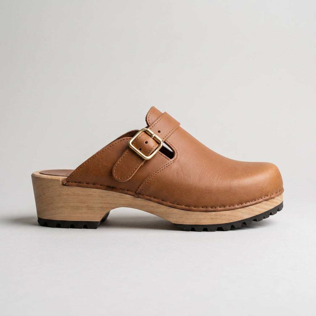 Luxury Edition - Artisian Made Tan Italian Leather Fiesole Buckle Clogs