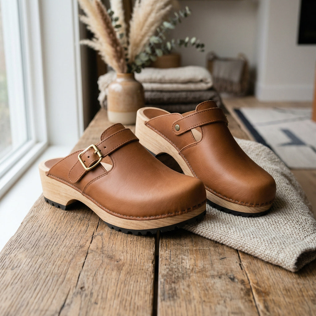 Luxury Edition - Artisian Made Tan Italian Leather Fiesole Buckle Clogs