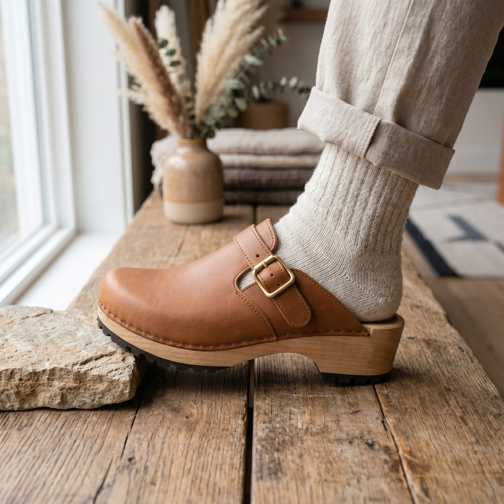 Luxury Edition - Artisian Made Tan Italian Leather Fiesole Buckle Clogs